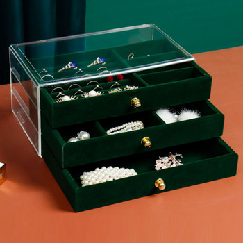 Νέο βελούδινο κουτί αποθήκευσης κοσμημάτων τριών στρωμάτων Ακρυλικά οργανωτικά σκουλαρίκια δαχτυλίδια Κολιέ Μεγάλος χώρος Θήκη για κοσμήματα Γυναικεία