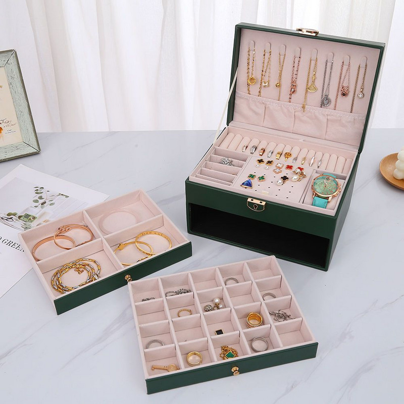 Δερμάτινο κουτί κοσμημάτων τριών στρωμάτων, αποθήκευση κοσμημάτων μεγάλης χωρητικότητας, πολυτελές στυλ, κουτί κολιέ υψηλής ποιότητας