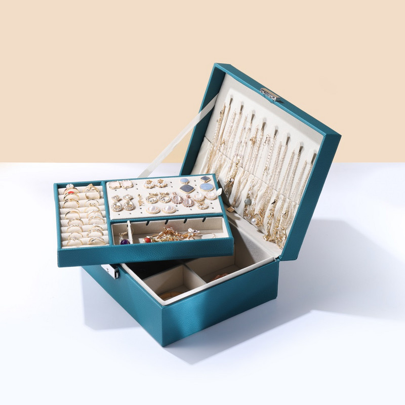 Dvoslojna kožna kutija za nakit visokog kapaciteta Organizator za nakit Višenamjenska ogrlica, naušnice, prsten, kutija za pohranu nakita