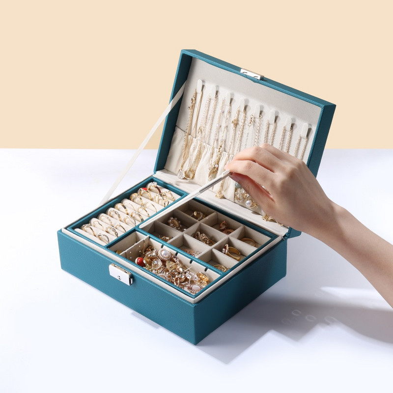Dvoslojna kožna kutija za nakit visokog kapaciteta Organizator za nakit Višenamjenska ogrlica, naušnice, prsten, kutija za pohranu nakita