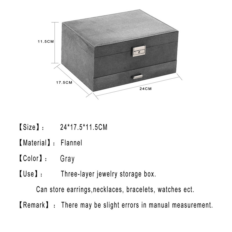 Nova siva troslojna kutija za organizator nakita od flanela, ogrlice, naušnice, prstenje, držač za izložbe, torbica za žene velikog kapaciteta