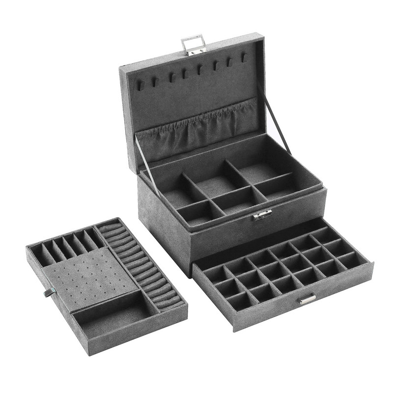Nova siva troslojna kutija za organizator nakita od flanela, ogrlice, naušnice, prstenje, držač za izložbe, torbica za žene velikog kapaciteta