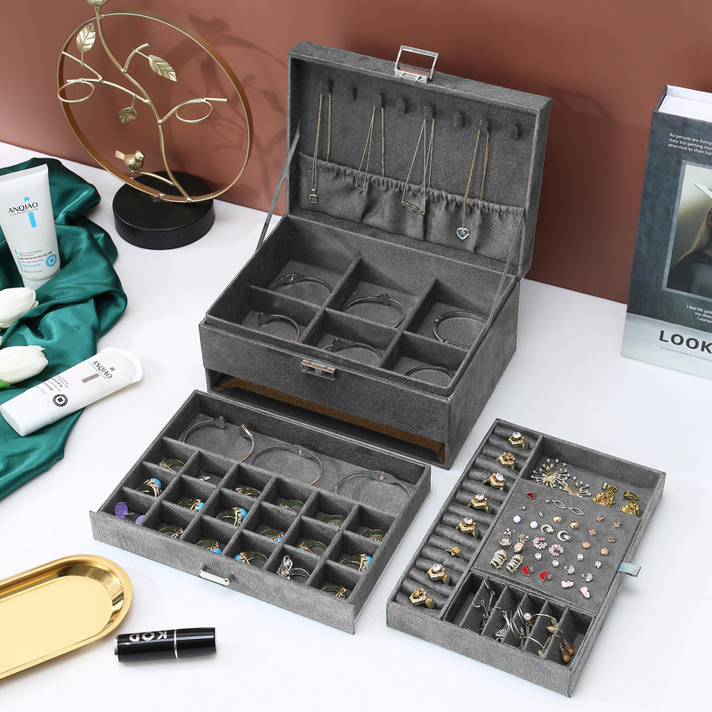 Nova siva troslojna kutija za organizator nakita od flanela, ogrlice, naušnice, prstenje, držač za izložbe, torbica za žene velikog kapaciteta