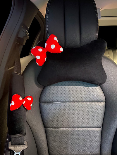Χαριτωμένο Cartoon Μαξιλάρι αυτοκινήτου Κόκκινη κουκκίδα Φιόγκος Universal Auto Seat Προσκέφαλο Αυχένας στήριξη μέσης Κάλυμμα ζώνης Αξεσουάρ αυτοκινήτου για γυναίκες