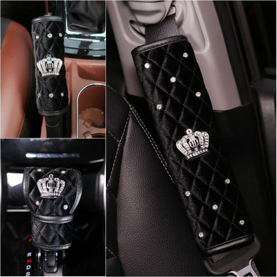 Seria Diamond Crystal Crown Accesorii interioare pentru scaunul auto din blană de pluș Huse pentru volan auto Tetiera pentru centura de siguranță Husa schimbător