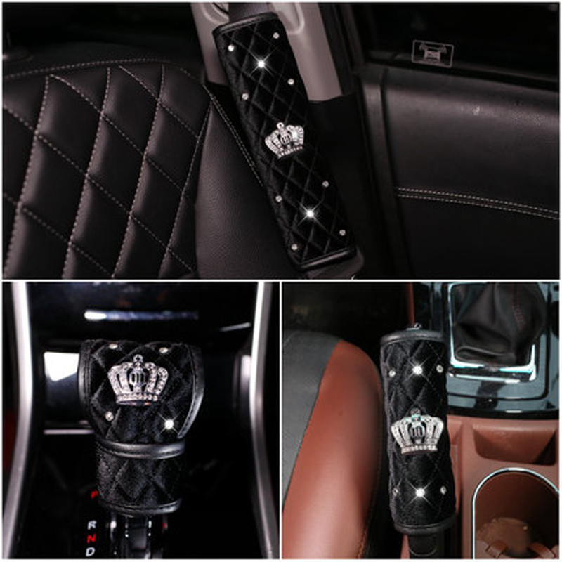 Seria Diamond Crystal Crown Accesorii interioare pentru scaunul auto din blană de pluș Huse pentru volan auto Tetiera pentru centura de siguranță Husa schimbător