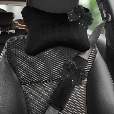 Retro Dot Bowknot univerzális autósülés fejtámla nyakpárna támasztó puha plüss automatikus biztonsági öv huzat autó belső kiegészítők