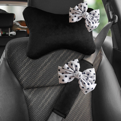 Retro Dot Bowknot univerzális autósülés fejtámla nyakpárna támasztó puha plüss automatikus biztonsági öv huzat autó belső kiegészítők