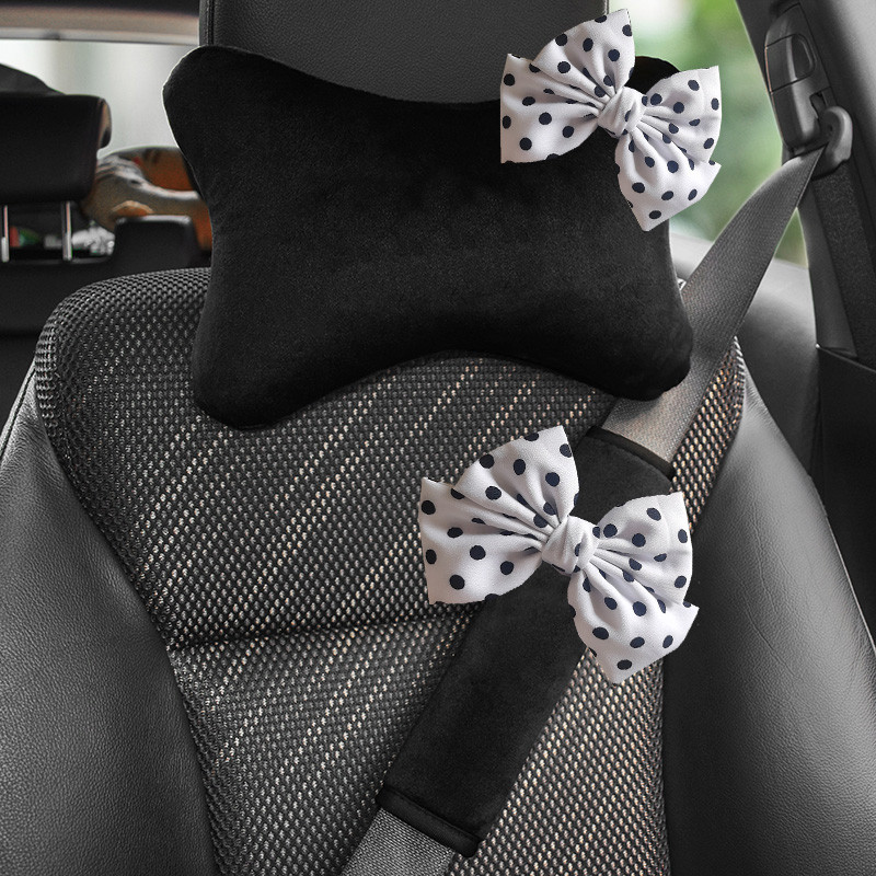Retro Dot Bowknot univerzális autósülés fejtámla nyakpárna támasztó puha plüss automatikus biztonsági öv huzat autó belső kiegészítők