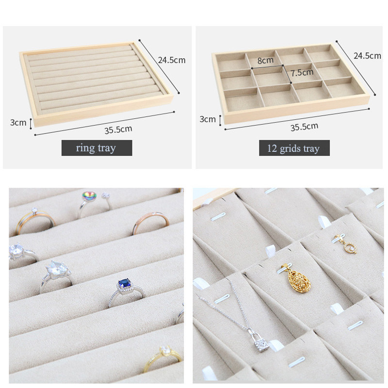 Egyedi-bézs bársony nyaklánc gyűrű fülbevaló tartó újonnan fából készült ékszertálca sorozat ékszer Disply ékszer szervező doboz