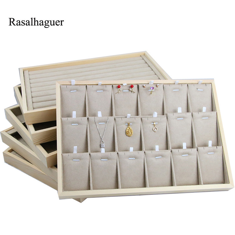 Egyedi-bézs bársony nyaklánc gyűrű fülbevaló tartó újonnan fából készült ékszertálca sorozat ékszer Disply ékszer szervező doboz