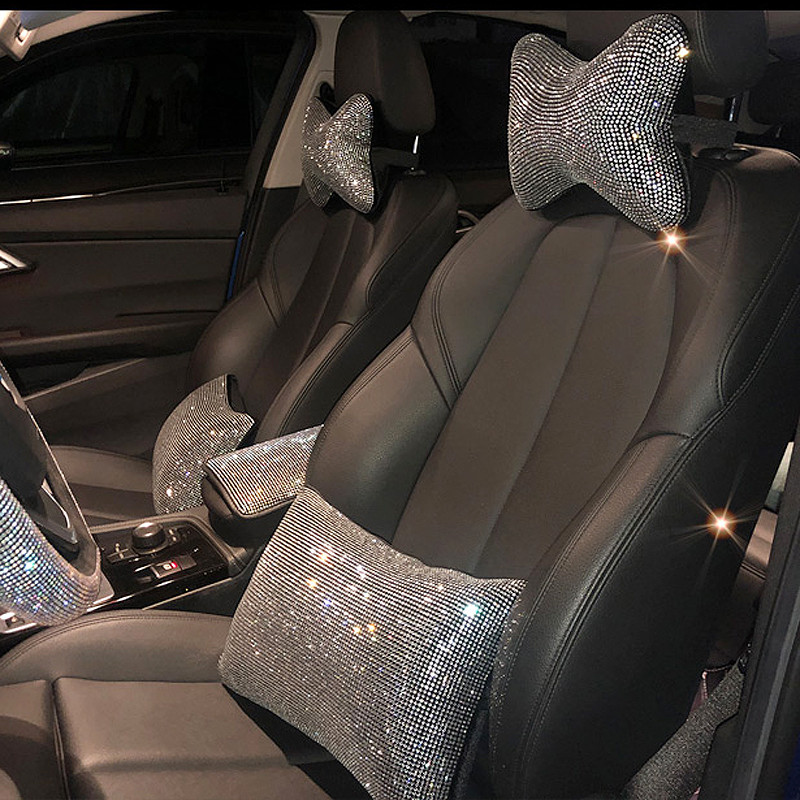 1vnt Bling Kalnų krištolinio kristalo automobilio kaklo pagalvės, juosmens atramos deimantinė automatinė galvos atramos pagalvė moterims, automobilio interjero priedai