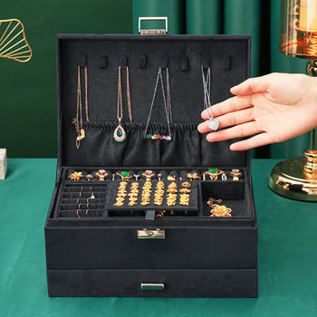 QM New Jewelry Box 3 στρώσεων Green Velvet Stud Organizer Μεγάλο δαχτυλίδι κολιέ θήκη μακιγιάζ Θήκη κοσμηματοπωλείο με κλειδαριά για γυναίκα