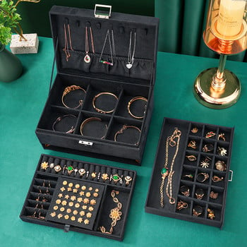 QM New Jewelry Box 3 στρώσεων Green Velvet Stud Organizer Μεγάλο δαχτυλίδι κολιέ θήκη μακιγιάζ Θήκη κοσμηματοπωλείο με κλειδαριά για γυναίκα