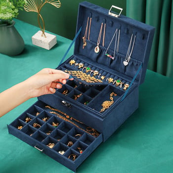 QM New Jewelry Box 3 στρώσεων Green Velvet Stud Organizer Μεγάλο δαχτυλίδι κολιέ θήκη μακιγιάζ Θήκη κοσμηματοπωλείο με κλειδαριά για γυναίκα