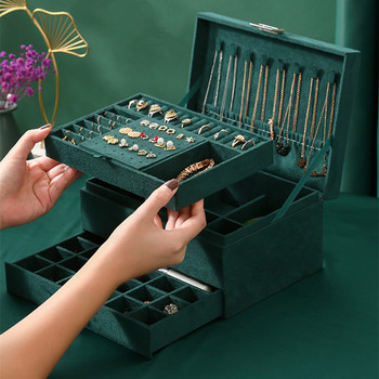 QM New Jewelry Box 3 στρώσεων Green Velvet Stud Organizer Μεγάλο δαχτυλίδι κολιέ θήκη μακιγιάζ Θήκη κοσμηματοπωλείο με κλειδαριά για γυναίκα