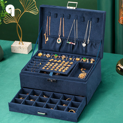 QM New Jewelry Box 3 στρώσεων Green Velvet Stud Organizer Μεγάλο δαχτυλίδι κολιέ θήκη μακιγιάζ Θήκη κοσμηματοπωλείο με κλειδαριά για γυναίκα