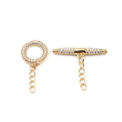 1 set bakreno zlatne kopče s pravokutnim ispunjenim krugom, prozirnim vještačkim dijamantom, mikro popločanom kopčom, DIY narukvica, izrada nakita