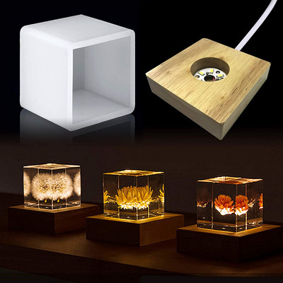 Квадратна светлинна форма от смола, LED силиконови форми за смола, силиконови форми от смола с дървена осветена основна стойка за изкуство от смола