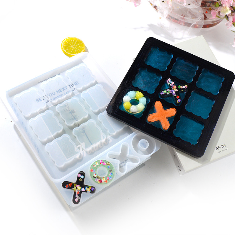 DIY XO Ches Game Classic Silikon Form Molde Resina Epoxi Tictactoe Board Mold Rasina Mold Silcone pentru interactiunea parinte-copil