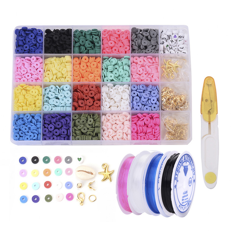 Plosnati okrugli odstojnici od polimerske gline, komplet privjesaka, elastična žica, biserna kutija za izradu nakita, prstenje, komplet ručno rađenih dodataka