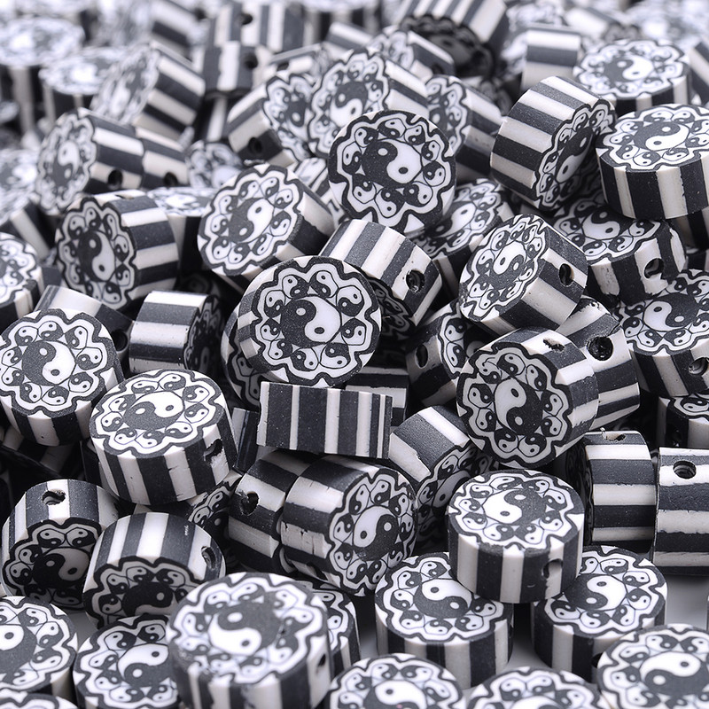 30 vnt. 10 mm juodi Tai Chi karoliukai polimeriniai moliniai karoliukai plokšti apvalūs laisvi tarpiniai karoliukai papuošalams gaminti „pasidaryk pats“ apyrankės karoliai