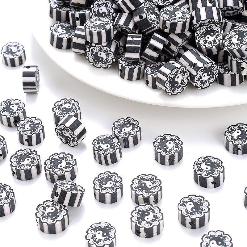 30 vnt. 10 mm juodi Tai Chi karoliukai polimeriniai moliniai karoliukai plokšti apvalūs laisvi tarpiniai karoliukai papuošalams gaminti „pasidaryk pats“ apyrankės karoliai