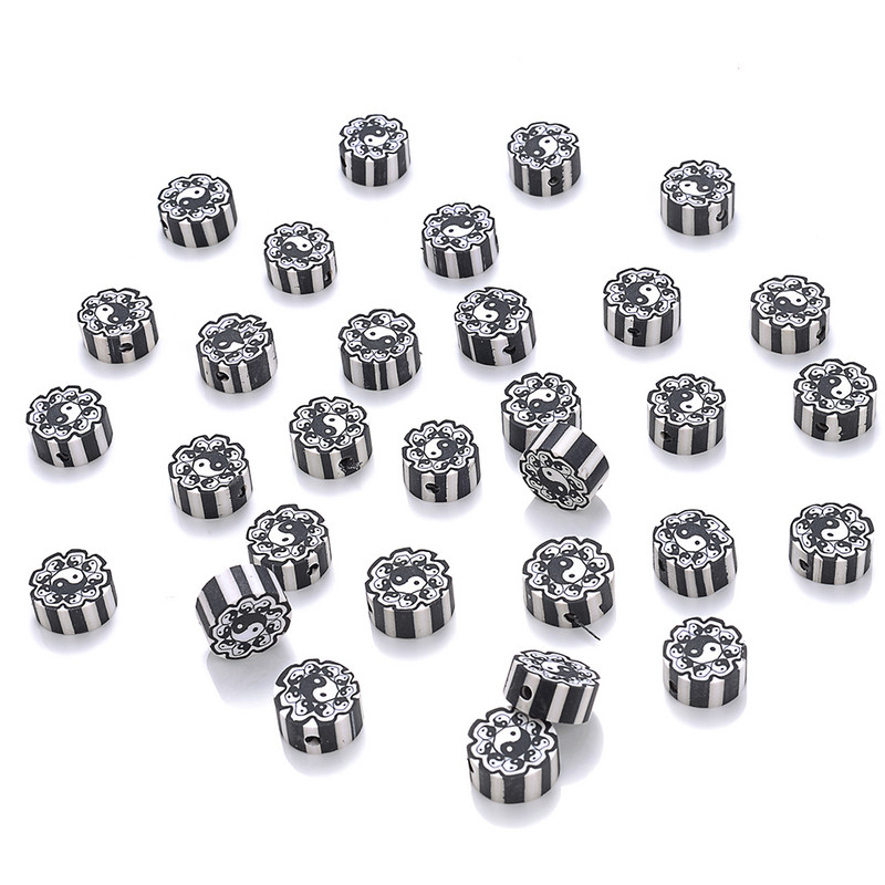 30 vnt. 10 mm juodi Tai Chi karoliukai polimeriniai moliniai karoliukai plokšti apvalūs laisvi tarpiniai karoliukai papuošalams gaminti „pasidaryk pats“ apyrankės karoliai