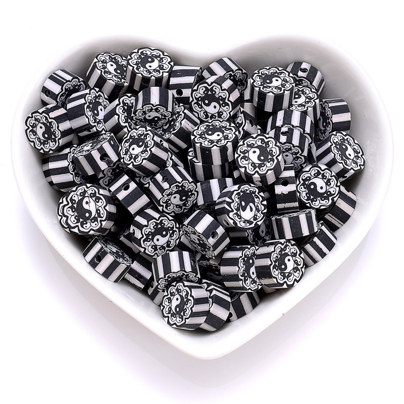 30 vnt. 10 mm juodi Tai Chi karoliukai polimeriniai moliniai karoliukai plokšti apvalūs laisvi tarpiniai karoliukai papuošalams gaminti „pasidaryk pats“ apyrankės karoliai