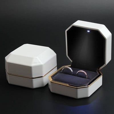 Prabangi žiedų dėžutė, kvadratinė aksominė vestuvinio žiedo dėklas, papuošalų dovanų dėžutė su LED lempute, skirta sužadėtuvių vestuvėms