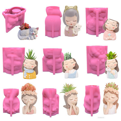 Silicone Mold 3D Cute Girl Cat Gypsum Flower Pot Mould DIY Handmade Crafts Plaster Candle Crystal Epoxy Resin Vase Make Mold