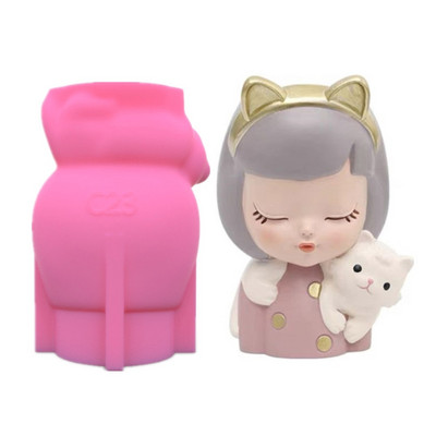 Silikonski kalup 3D slatka djevojka, mačka, gipsani kalup za teglice za cvijeće DIY rukotvorine, gipsane svijeće, kristalna vaza od epoksidne smole Napravite kalup