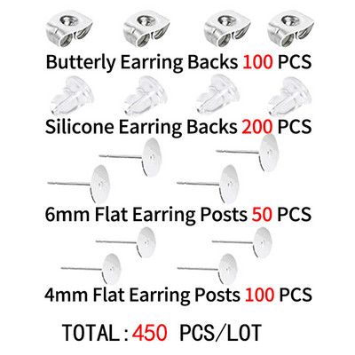 450Pcs/Παρτίδα Σκουλαρίκια από ανοξείδωτο ατσάλι με πλάτες σκουλαρικιών Κενό επίπεδο μαξιλαράκι σκουλαρίκι βελόνα Καρφιά σιλικόνης Κιτ κοσμημάτων DIY