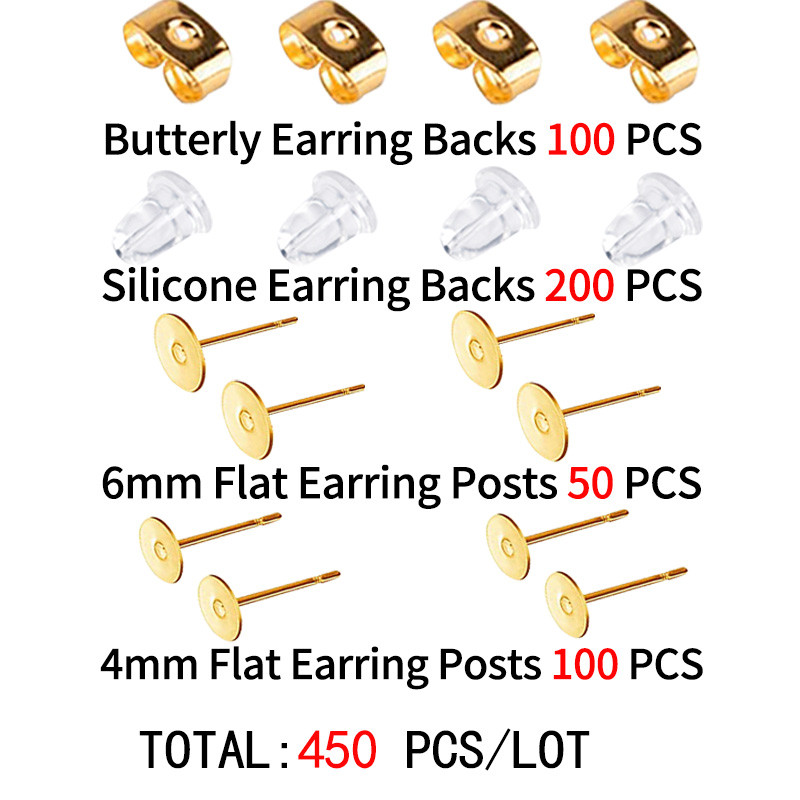 450Pcs/Παρτίδα Σκουλαρίκια από ανοξείδωτο ατσάλι με πλάτες σκουλαρικιών Κενό επίπεδο μαξιλαράκι σκουλαρίκι βελόνα Καρφιά σιλικόνης Κιτ κοσμημάτων DIY