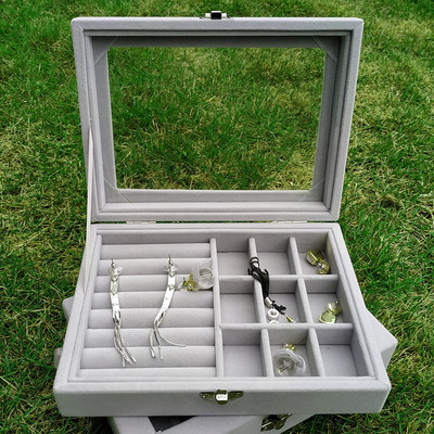 2022 New Velvet Glass Jewelry Box Organizer Οθόνη Ταξιδιωτική κοσμηματοθήκη Κουτιά Δαχτυλίδια Σκουλαρίκια Κολιέ Δίσκος Προβολή Θήκη αποθήκευσης