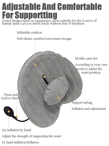 Надуваема възглавница за лумбална опора за кола Подвижна регулируема опора за възглавница за кръста за облекчаване на натиска за автомобил Стол за домашен офис