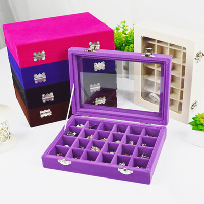 20x15x4.5cm Кутия за венчални пръстени 24 слота Дървена прозрачна капачка Катарама Стъпка за ухо/Кутия за съхранение на обеци Колие Дисплей Кутия за бижута