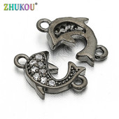 6*10mm Χειροποίητο Micro Pave CZ Dolphins Charms Connector for DIY Jewelry Findings, Μικτό χρώμα, Τρύπα: 0,8mm, Μοντέλο: VS51