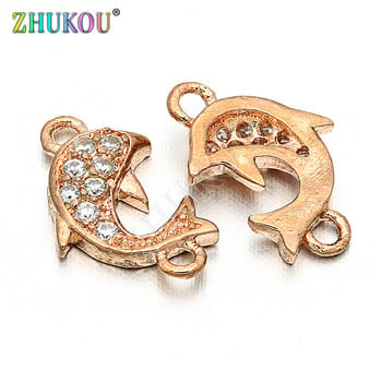 6*10mm Χειροποίητο Micro Pave CZ Dolphins Charms Connector for DIY Jewelry Findings, Μικτό χρώμα, Τρύπα: 0,8mm, Μοντέλο: VS51