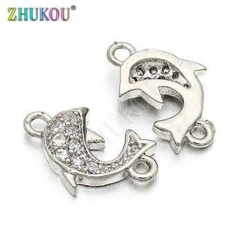 6*10mm Χειροποίητο Micro Pave CZ Dolphins Charms Connector for DIY Jewelry Findings, Μικτό χρώμα, Τρύπα: 0,8mm, Μοντέλο: VS51