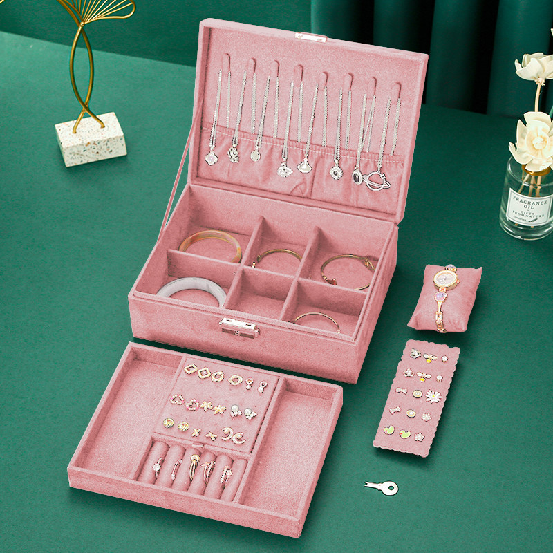 QM Πράσινη Ροζ Φανέλα 2 στρώσεων Θήκη μεγάλης χωρητικότητας Κοσμήματα Organizer Κουτί Κολιέ Σκουλαρίκια Δαχτυλίδια Βιτρίνα Βιτρίνα Κοσμήματα Κουτί Γυναικεία
