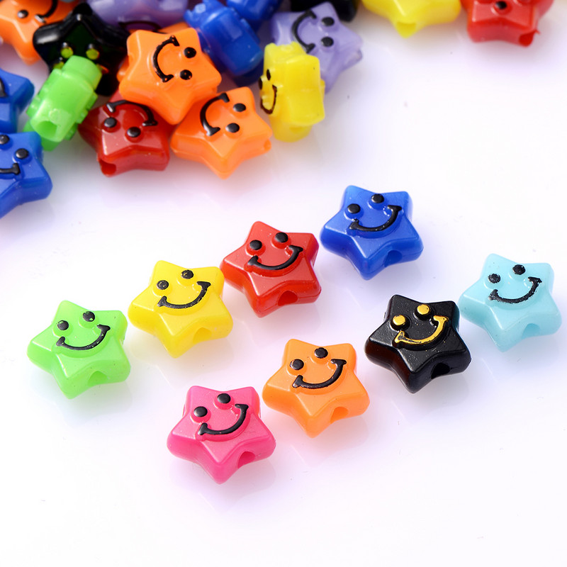 50/100/200db Vegyes színű Star Smiley akril gyöngyök laza távtartó gyöngyök ékszerkészítéshez barkácsolás karkötő nyaklánc kiegészítők
