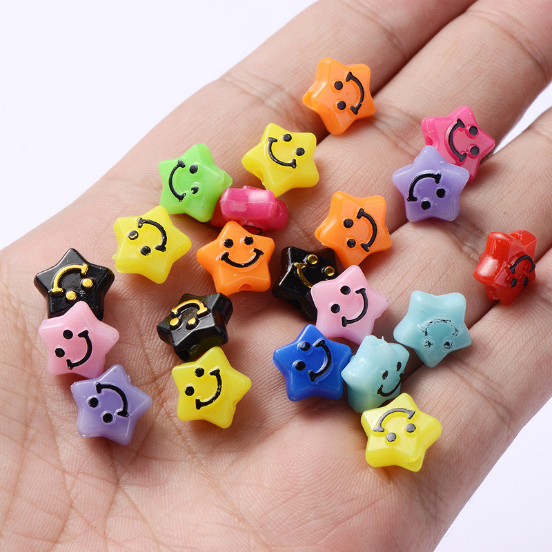 50/100/200db Vegyes színű Star Smiley akril gyöngyök laza távtartó gyöngyök ékszerkészítéshez barkácsolás karkötő nyaklánc kiegészítők