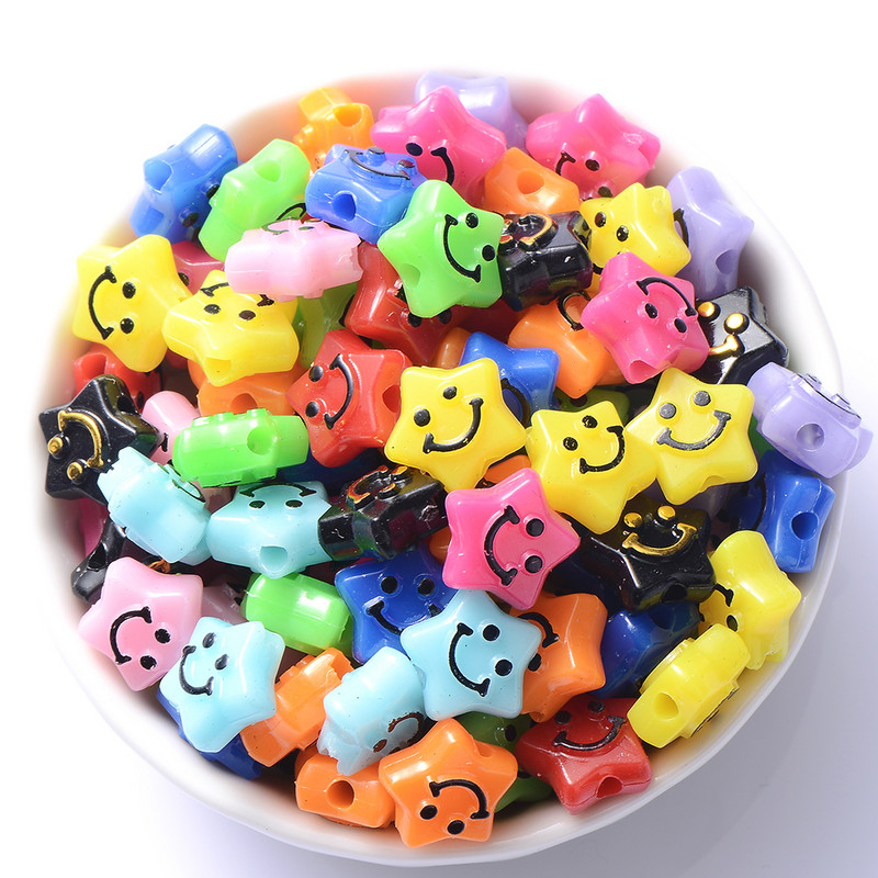 50/100/200db Vegyes színű Star Smiley akril gyöngyök laza távtartó gyöngyök ékszerkészítéshez barkácsolás karkötő nyaklánc kiegészítők