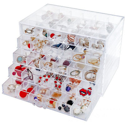 Прозрачна акрилна кутия за съхранение на бижута Органайзер Момиче Кутия за съхранение на бижута Обеци Дисплей Колие Поставка за пръстен Калъф Идеи за подарък