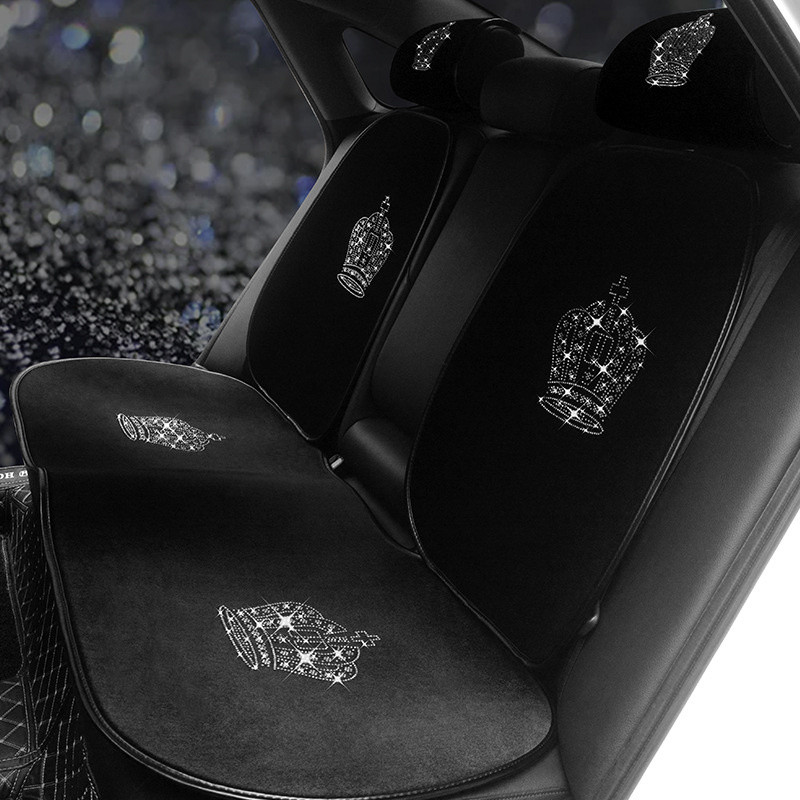 Teemantidega inkrusteeritud krooniga autoistmepadi naistele seljatoeta kolmeosaline komplekt, ühe esiistme kaitsekattega seljamati tarvikud