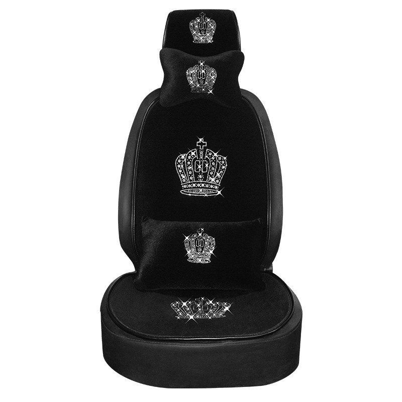 Teemantidega inkrusteeritud krooniga autoistmepadi naistele seljatoeta kolmeosaline komplekt, ühe esiistme kaitsekattega seljamati tarvikud