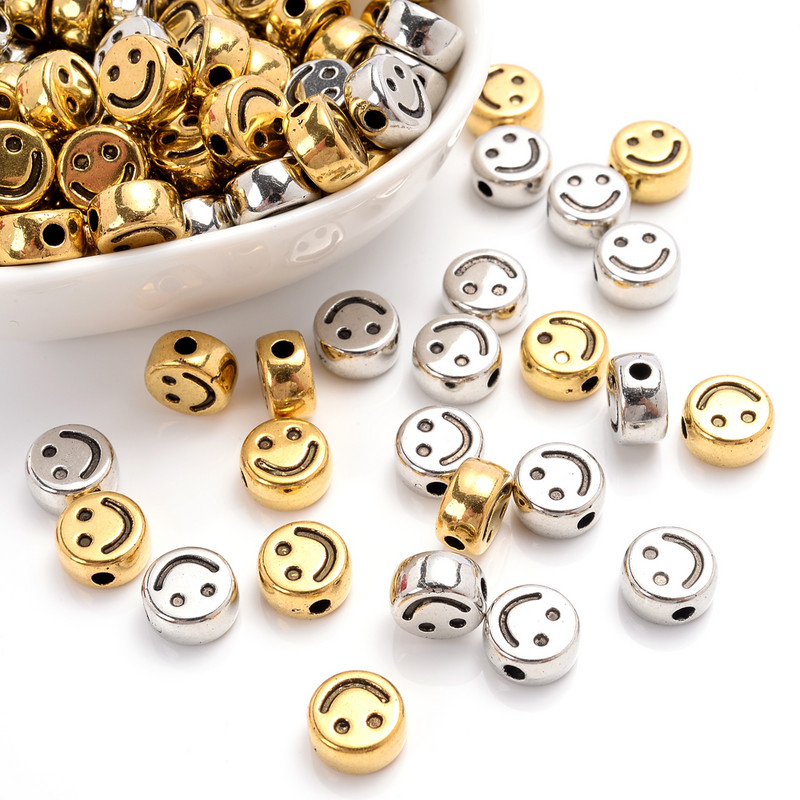 100 vnt. / siunta 7 10 mm apvalūs šypsenėlių karoliukai akrilo karoliukai Auksiniai sidabriniai tarpikliai papuošalams gaminti „pasidaryk pats“ apyrankės karolių priedai