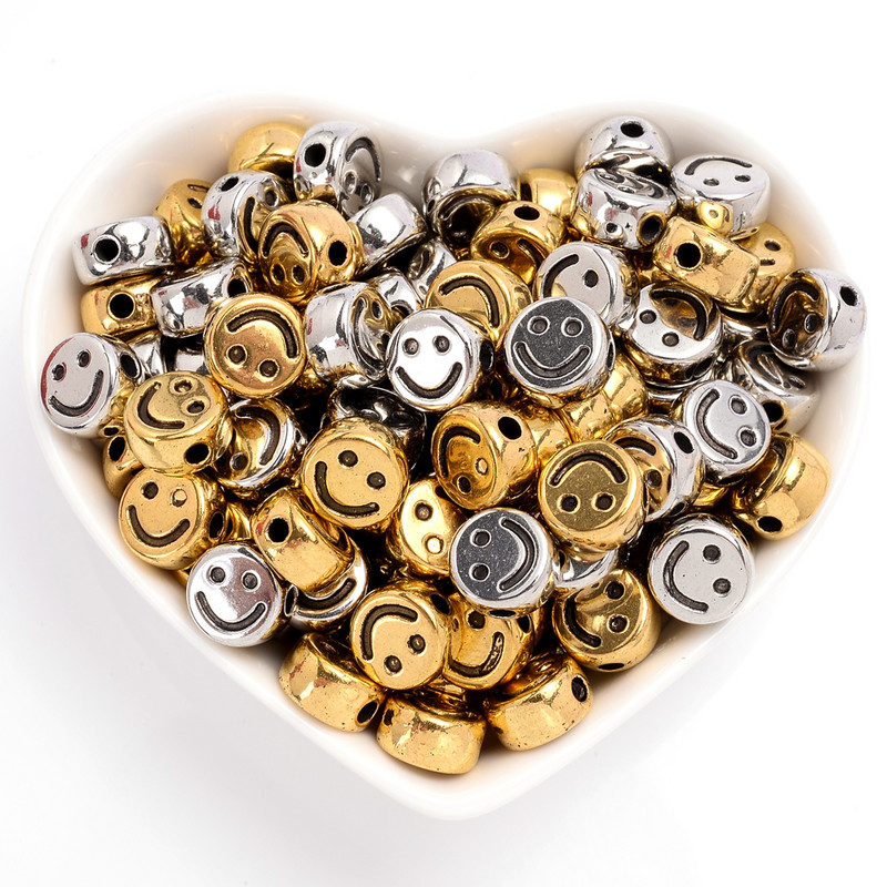 100 vnt. / siunta 7 10 mm apvalūs šypsenėlių karoliukai akrilo karoliukai Auksiniai sidabriniai tarpikliai papuošalams gaminti „pasidaryk pats“ apyrankės karolių priedai