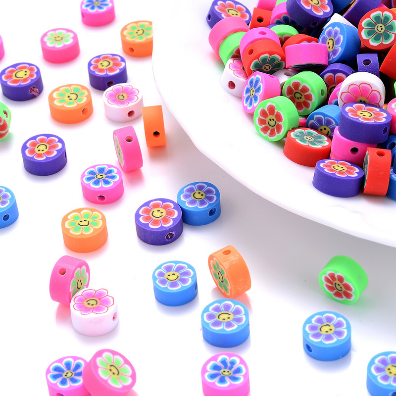 30 vnt saulėgrąžų šypsenėlių polimero molio karoliukai įvairiaspalviai apvalūs plokšti palaidi karoliukai, skirti apyrankėms auskarams gaminti, rankų darbo papuošalų reikmenys